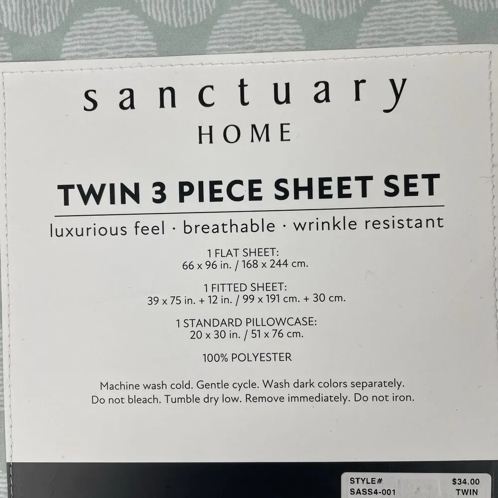 Sanctuary Home 3-Piece Twin Sheet Set Printed Green White Pattern New Luxurious